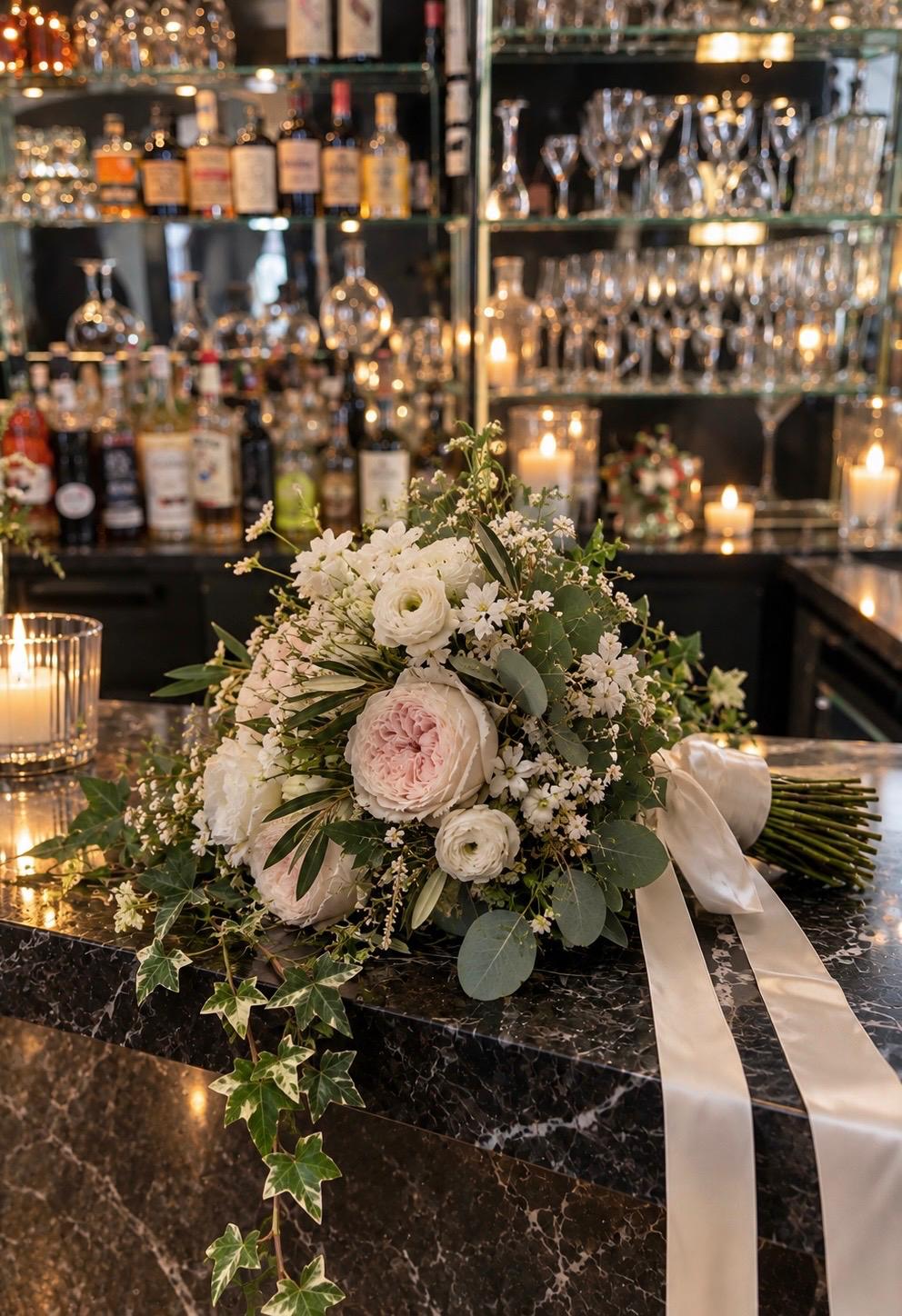Bouquet de mariée sur le comptoir des Vignes Rouges