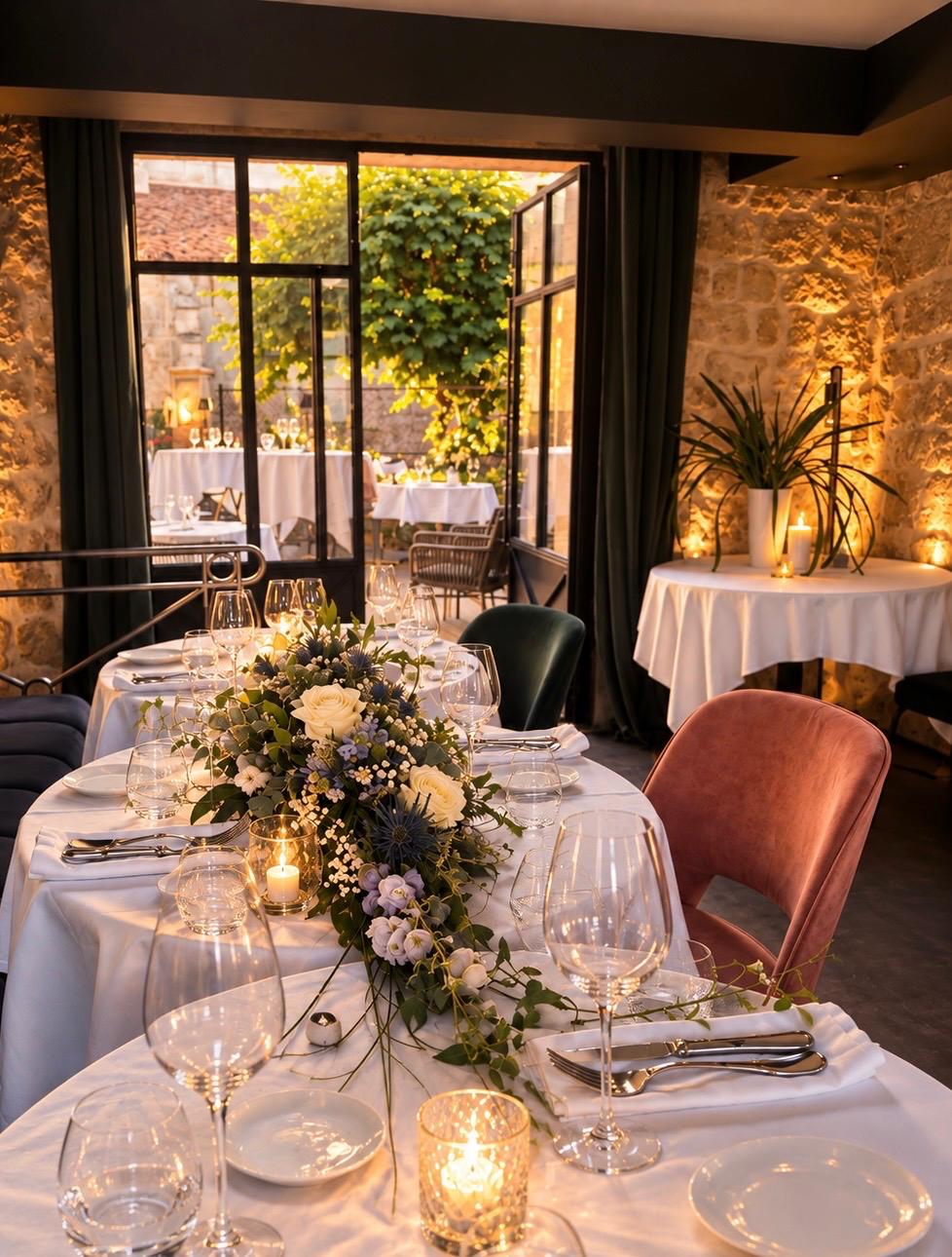 Grande table fleurie préparée pour un mariage