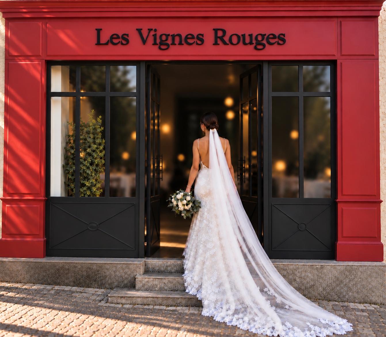 Mariée devant la façade rouge du restaurant Les Vignes Rouges, dans le Val-d’Oise