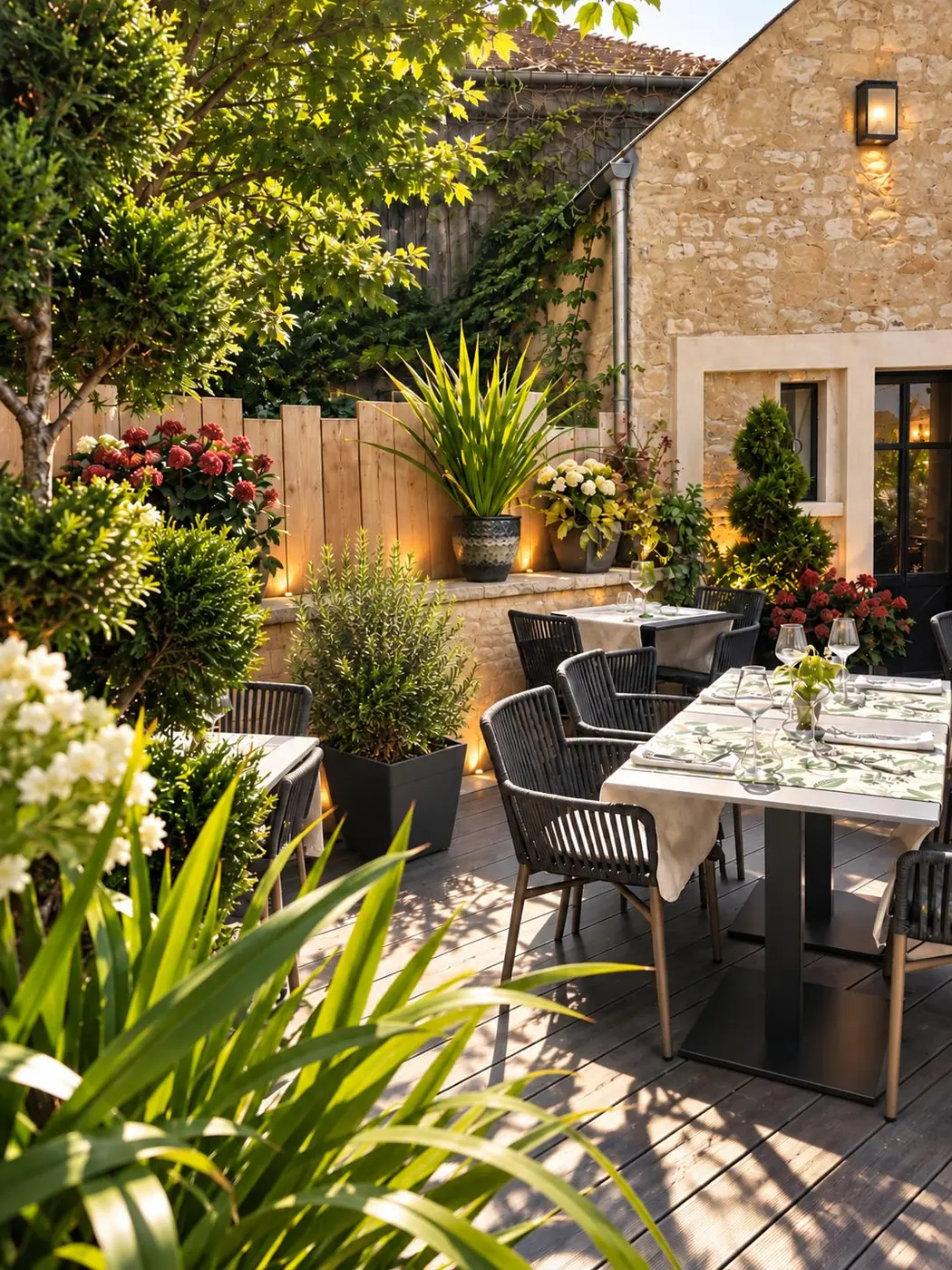La terrasse ensoleillée des Vignes Rouges à Hérouville-en-Vexin, bordée de plantes et de murs en pierre