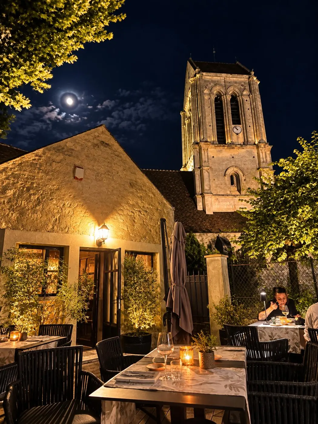 La terrasse des Vignes Rouges la nuit avec vue sur le clocher de l’église Saint-Clair